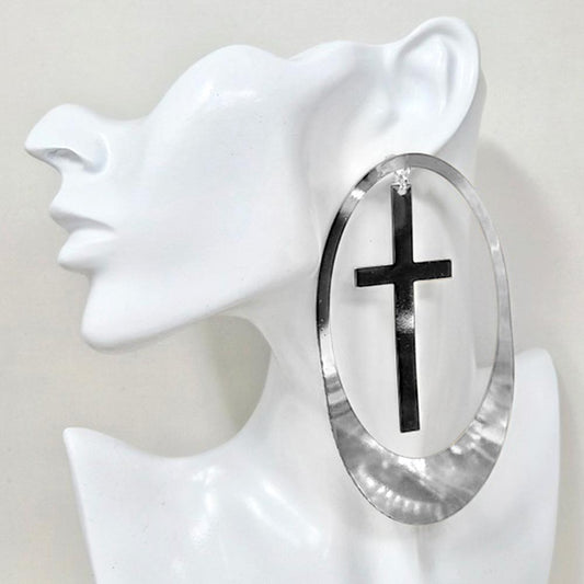 Oversized Cutout Cross Accent Oval Statement Earrings - Silver