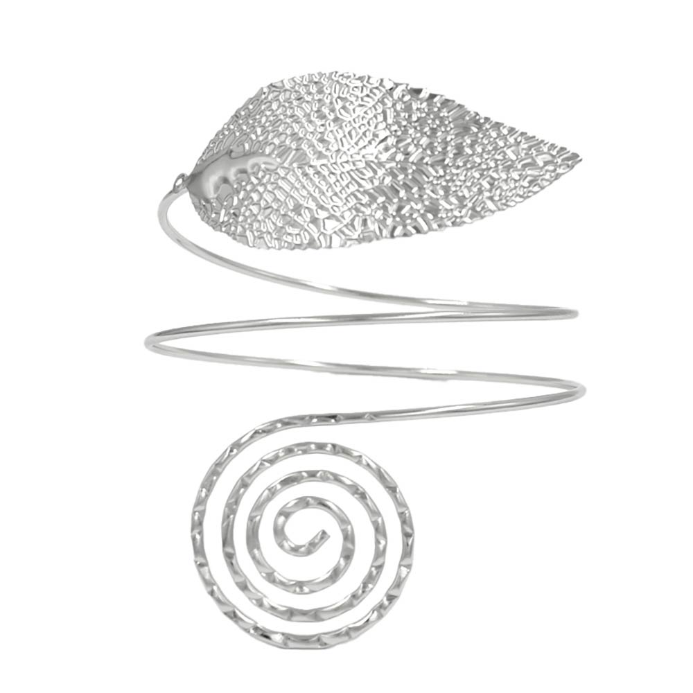 Textured Metal Leaf Spiral Wrap Arm Cuff Bracelet-Silver