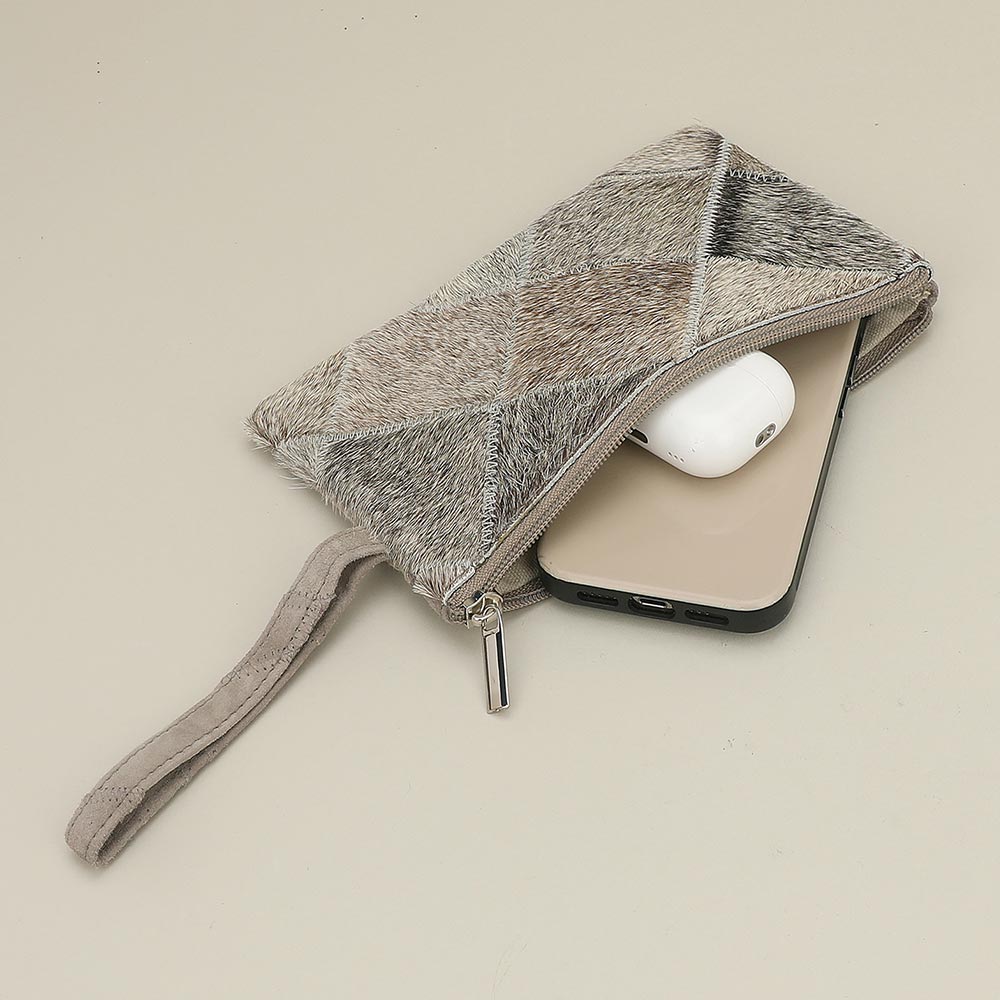 Leather fur patchwork wristlet pouch with zipper closure – chic accessory for cross-body women handbags.