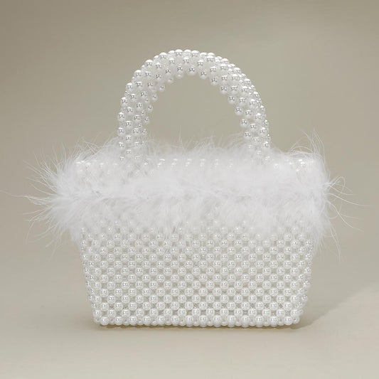 Feather Embellished Open Top Mini Tote/Small Satchel Bag-Rhodium White