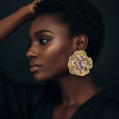 Bold Beaded Center Embellished Cutout Flower Statement Earrings-Gold & Multi