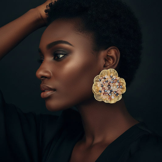 Bold Beaded Center Embellished Cutout Flower Statement Earrings-Gold & Multi