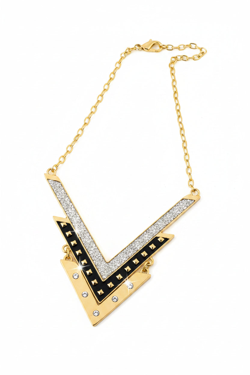 Geometric Layered Statement Necklace – Gold, Black & Champagne