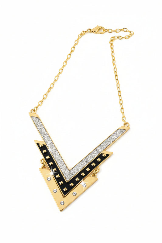 Geometric Layered Statement Necklace – Gold, Black & Champagne