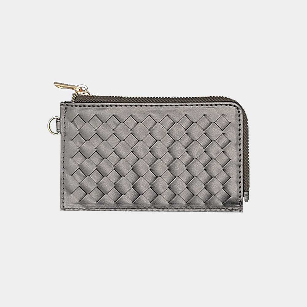 Faux Leather Basket Weave Flat Card Holder Wallet with Wristlet-Bronze