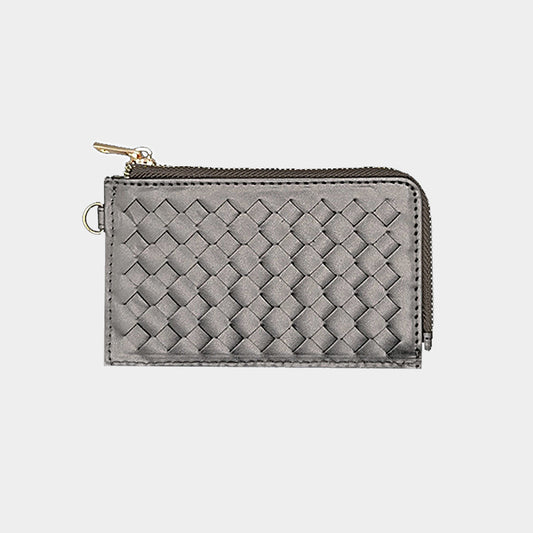 Faux Leather Basket Weave Flat Card Holder Wallet with Wristlet-Bronze