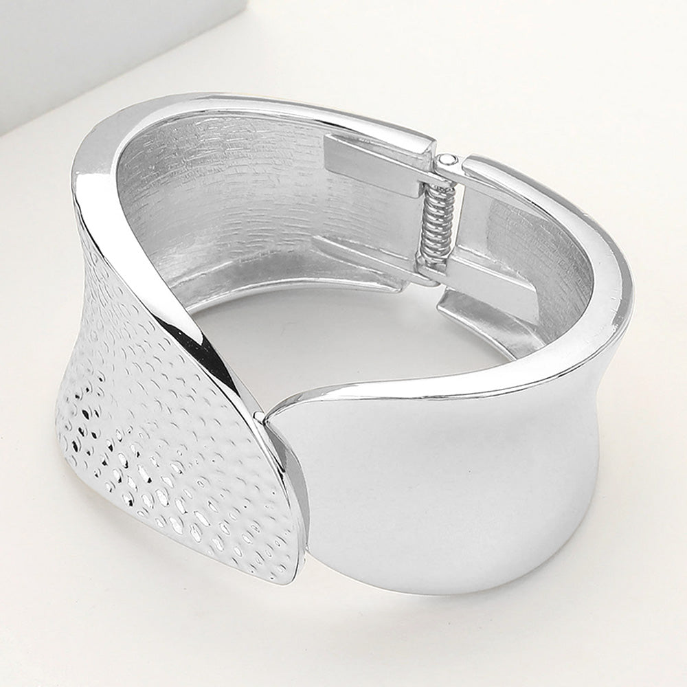 Textured Metal Hinged Bangle Bracelet - Silver