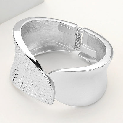 Textured Metal Hinged Bangle Bracelet - Silver