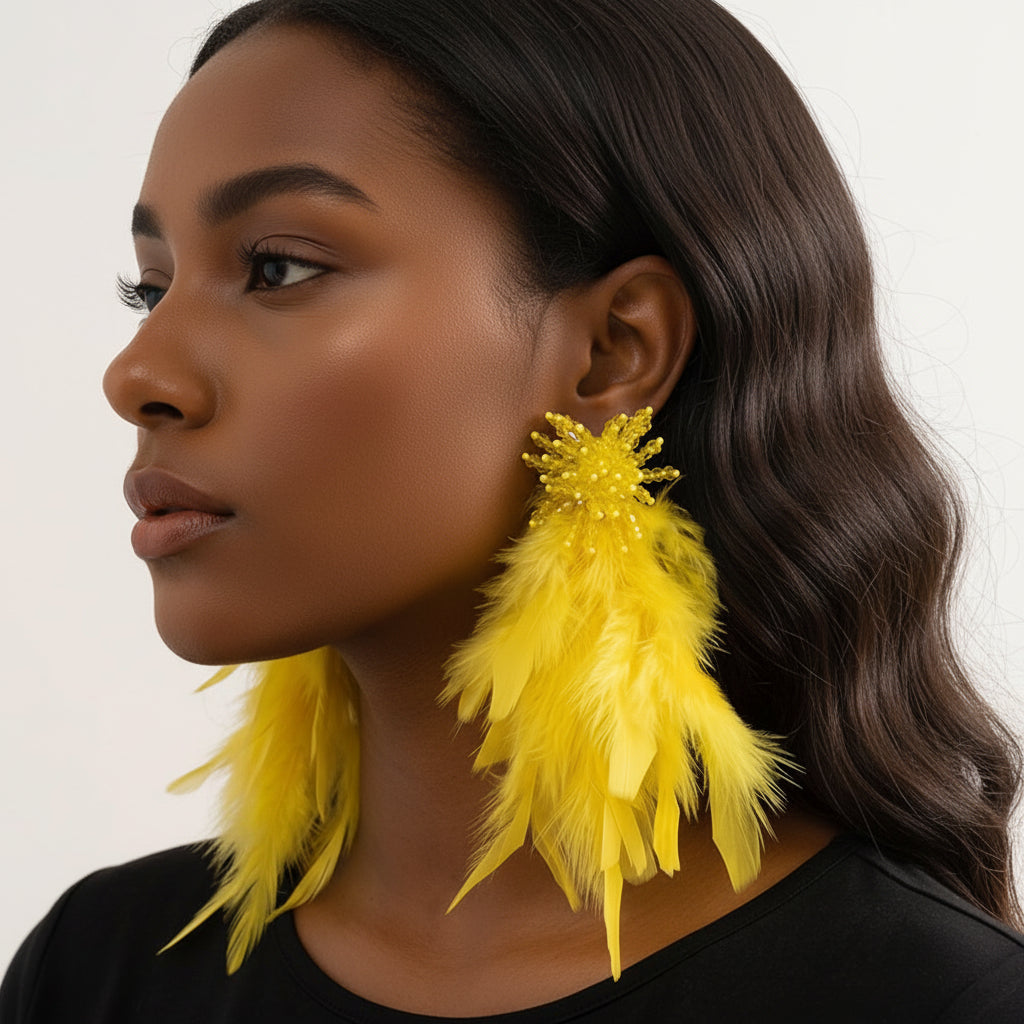 Bold Beaded Starburst Feather Drop Statement Earrings - Yellow