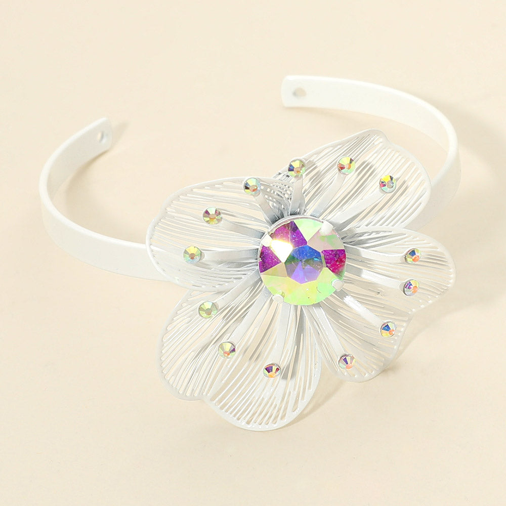 Bold Stone Accent Cutout Flower Accent Cuff Bracelet