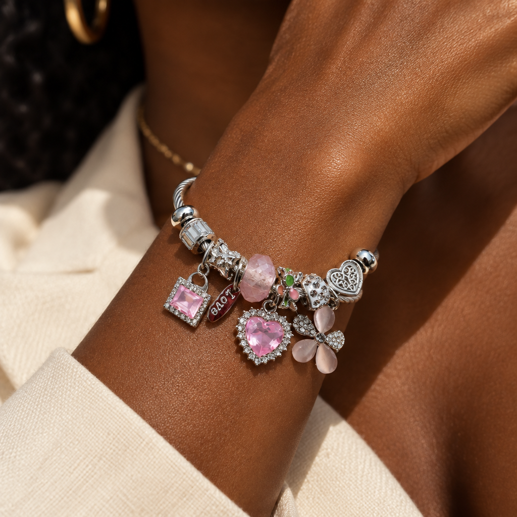 Crystal Heart and Bloom Charm Bracelet-Pink/Silver