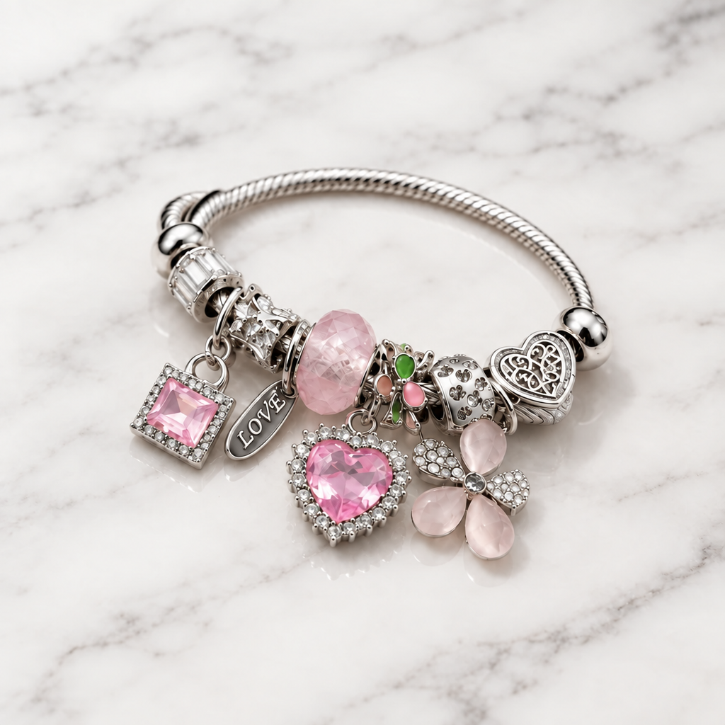 Crystal Heart and Bloom Charm Bracelet-Pink/Silver