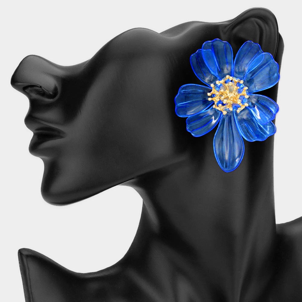 Oversized Floral Statement Earrings - Blue