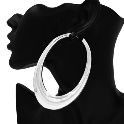 Oversized Metal Sculpted Oval Hoop Earrings-Silver