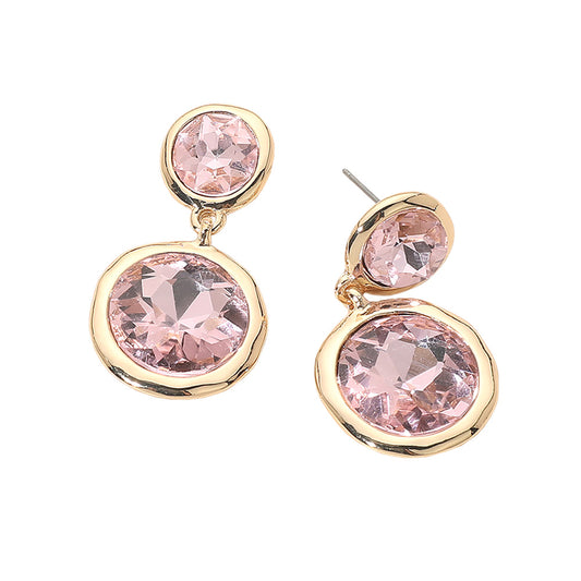 Dual Round Stone Drop Earrings-Pink