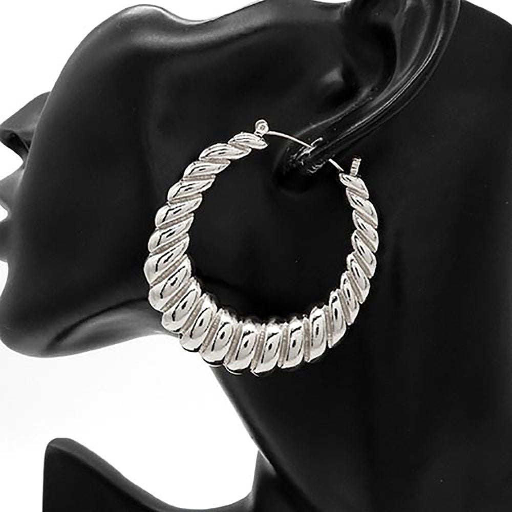 Chunky Metal Croissant Twisted Hoop Pin Catch Earrings - Silver