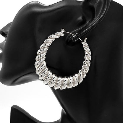 Chunky Metal Croissant Twisted Hoop Pin Catch Earrings - Silver