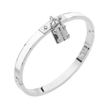 Stainless Steel Lock Charm Enamel Inlay Hinged Bangle Bracelet - Silver