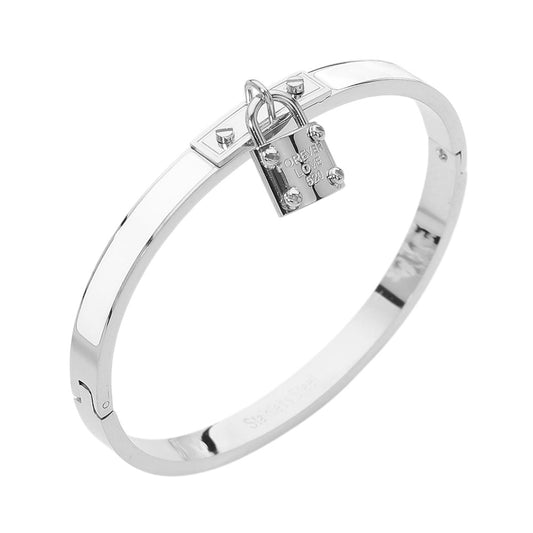 Stainless Steel Lock Charm Enamel Inlay Hinged Bangle Bracelet - Silver