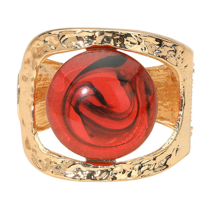 Bold Swirl Resin Stone Hammered Metal Hinged Bangle Bracelet - Red & Gold
