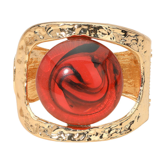 Bold Swirl Resin Stone Hammered Metal Hinged Bangle Bracelet - Red & Gold