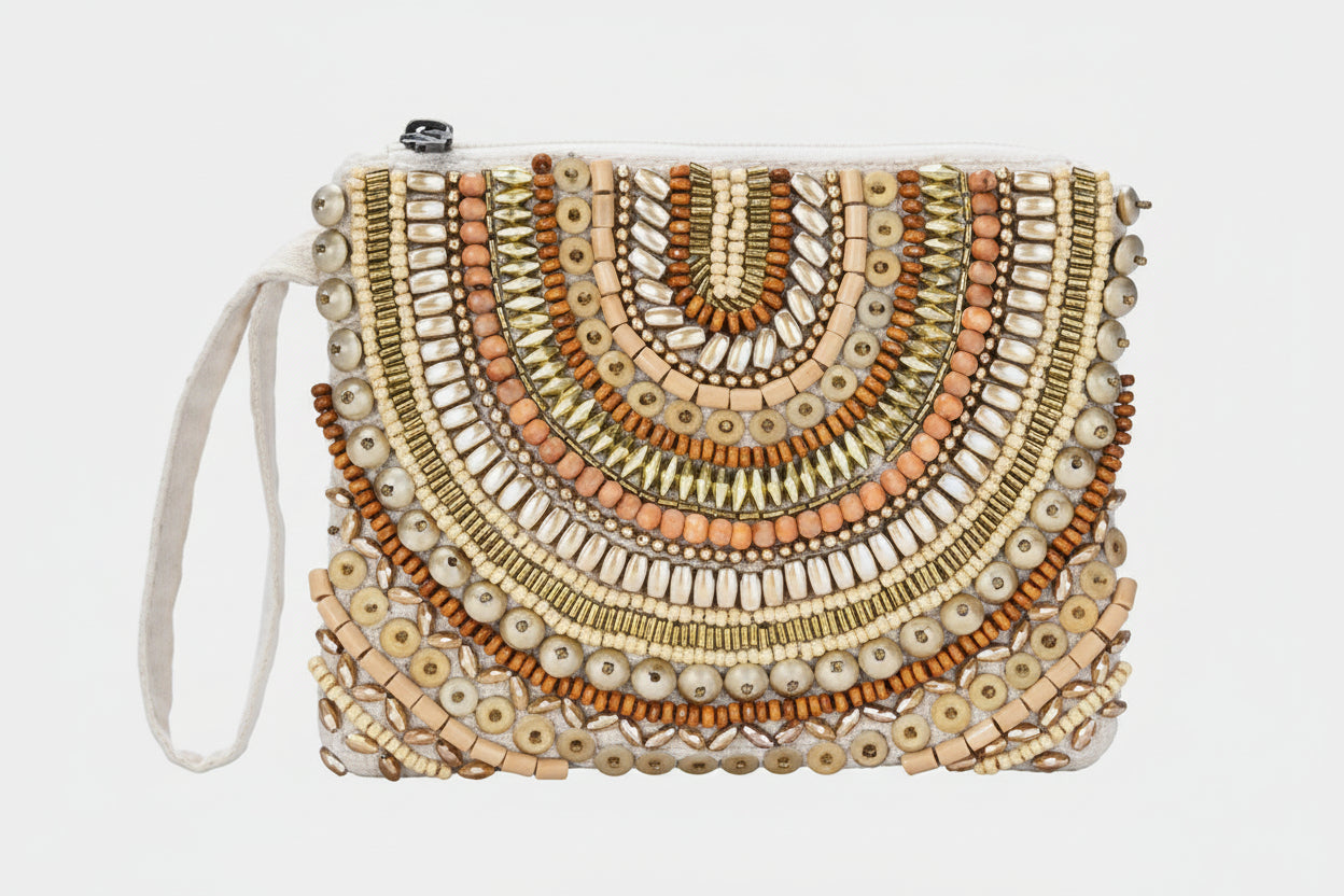 Ethnic Wood & Metal Beaded Front Pouch Bag with Wristlet