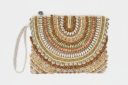 Ethnic Wood & Metal Beaded Front Pouch Bag with Wristlet