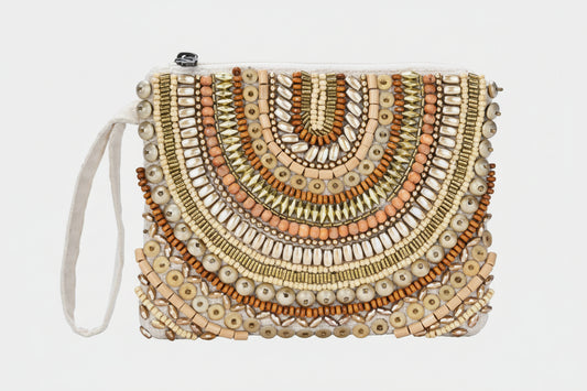 Ethnic Wood & Metal Beaded Front Pouch Bag with Wristlet