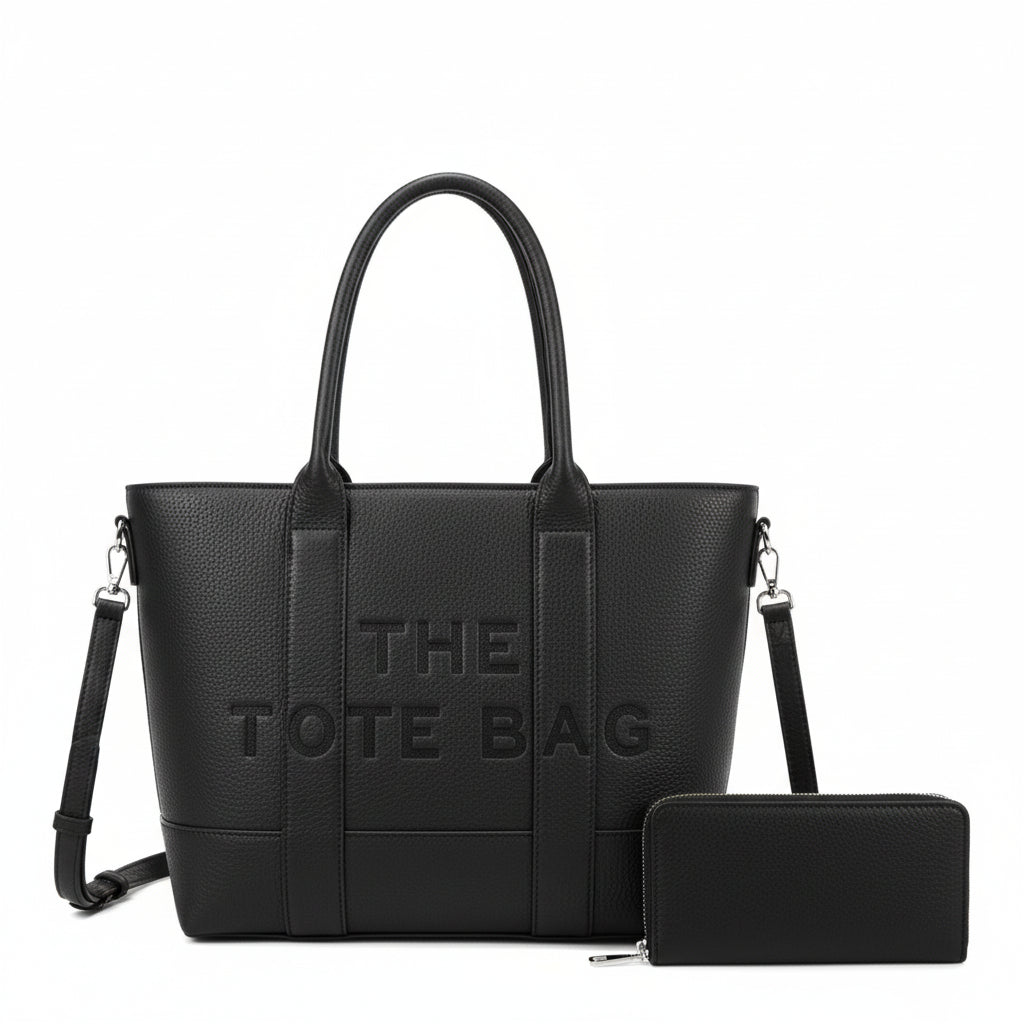 Large black faux leather tote bag with wallet and gold hardware – stylish cross-body women handbags.