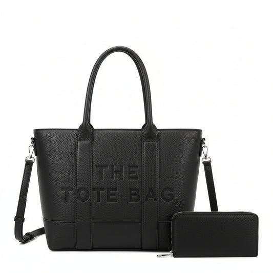 Large black faux leather tote bag with wallet and gold hardware – stylish cross-body women handbags.