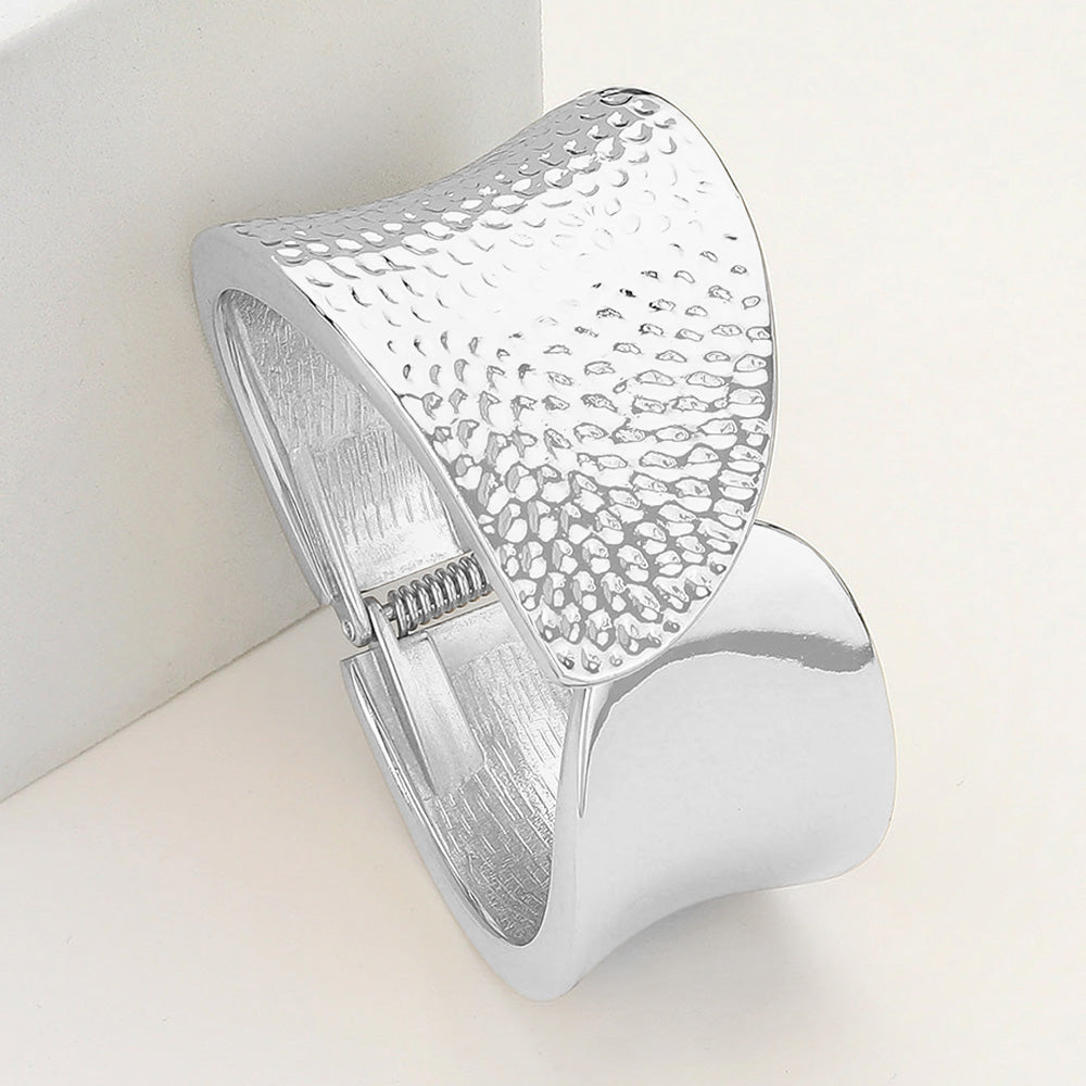 Textured Metal Hinged Bangle Bracelet - Silver