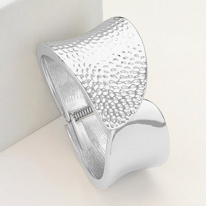 Textured Metal Hinged Bangle Bracelet - Silver