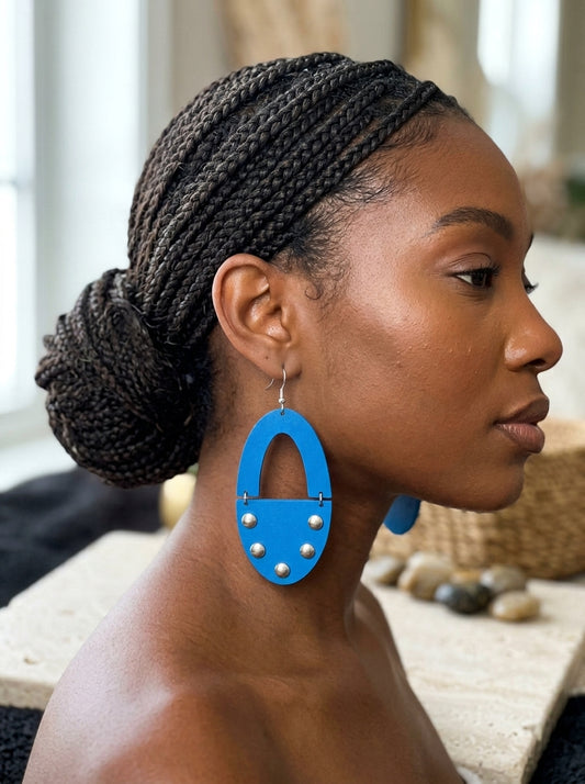 Marysol Geometric Split Arch Wooden Dangle Earrings with Metal Stud Accents-Blue