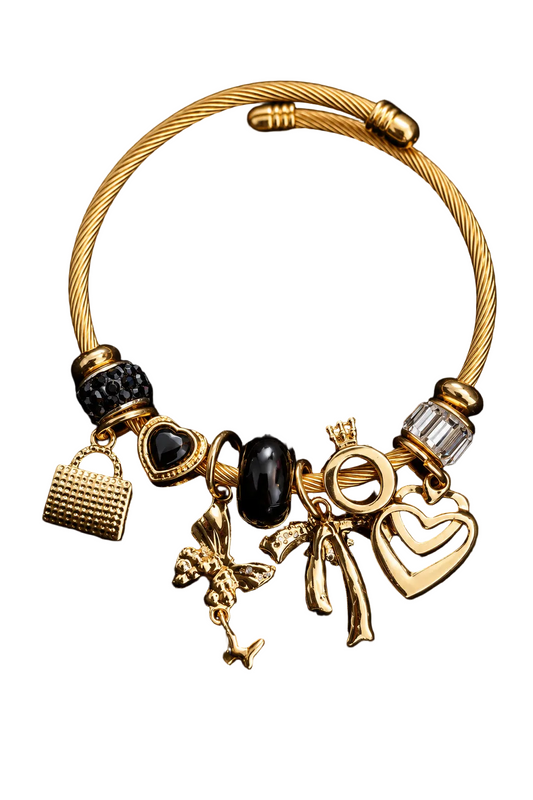 Midnight Bow & Heart Charm Bracelet-Gold & Black