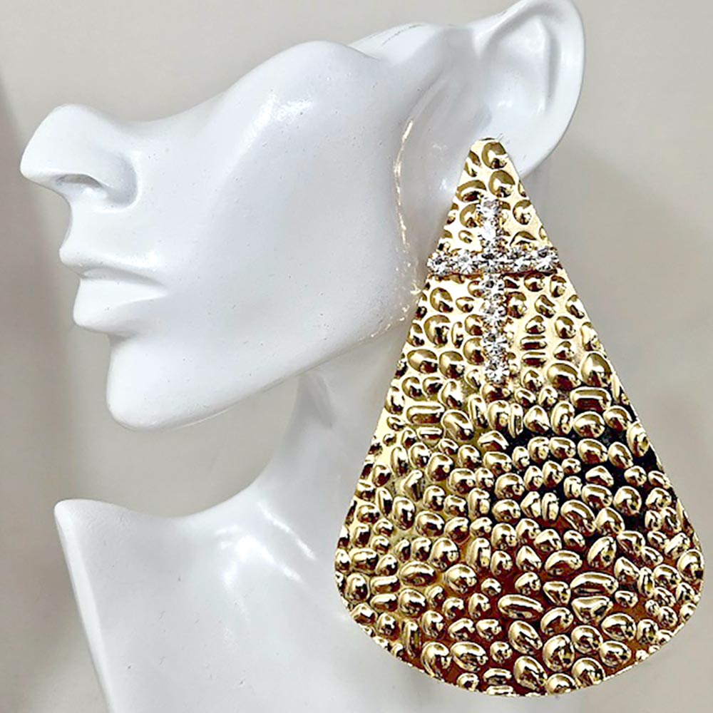 Oversized Bold Textured Teardrop Statement Earrings - Gold