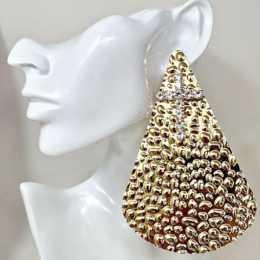 Oversized Bold Textured Teardrop Statement Earrings - Gold