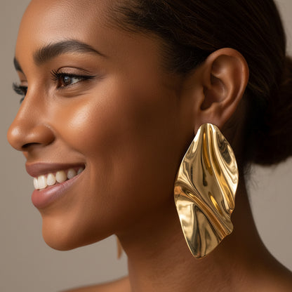 Oversized Sculpted Metal Plate Drop Statement Earrings - Gold