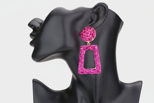 Stone Embellished Chunky Open Rectangle Dangle Evening Earrings (Fushsia, Gold)