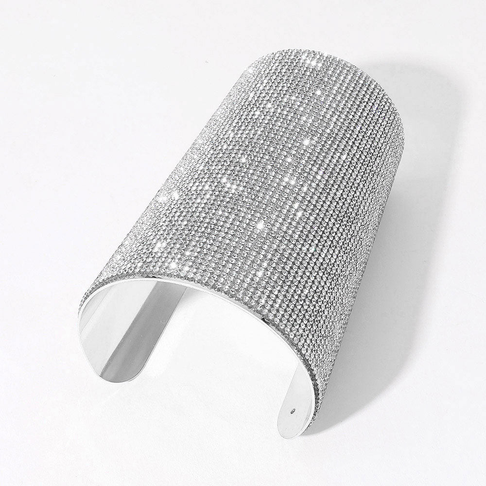 Wide Rhinestone Paved Arm Cuff Bracelet-Clear Rhodium