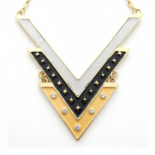 Geometric Layered Statement Necklace – Gold, Black & Champagne