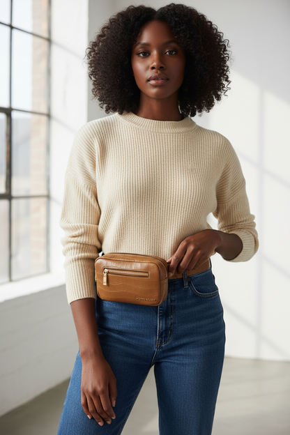 Leather Croc Embossed Fanny Pack/Crossbody bag - Brown (Elsie)