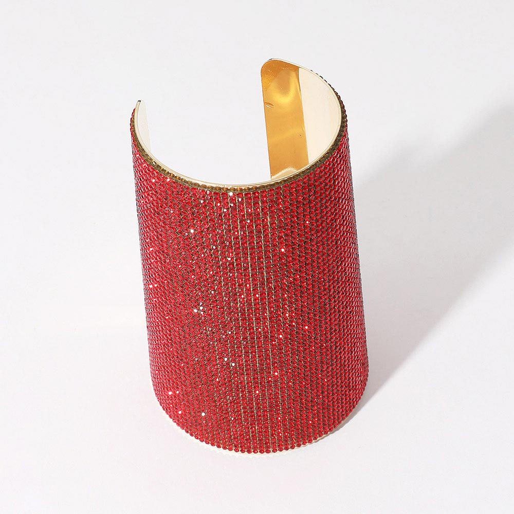 Wide Rhinestone Paved Arm Cuff Bracelet-Red