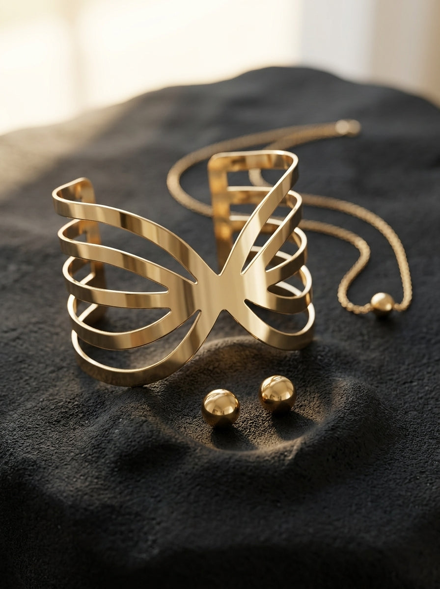 Aura Openwork Statement Cuff & Minimalist Ball Stud Earring & Bracelet set