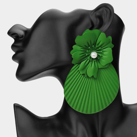 Oversized Pearl Accent Textured Floral Fan Drop Statement Earrings-Green