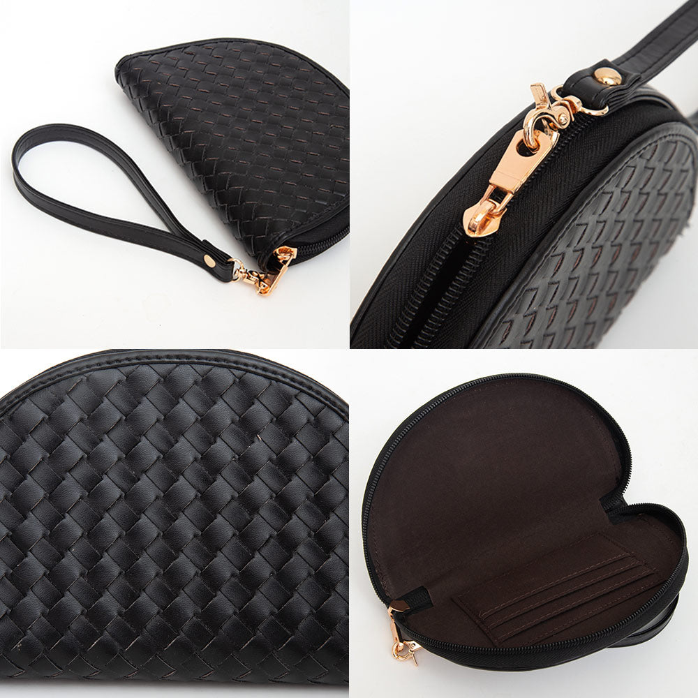 Faux Leather Basket Weave Half Moon Shaped Wristlet Wallet - Orange
