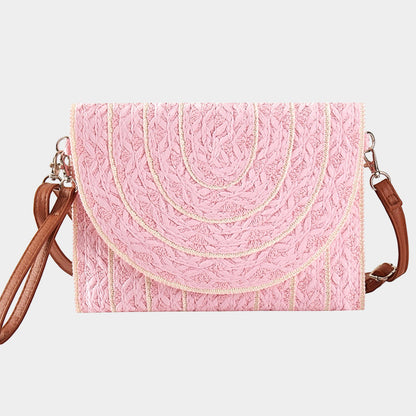 Stitch Detailed Straw Clutch Bag / Crossbody Bag - Pink