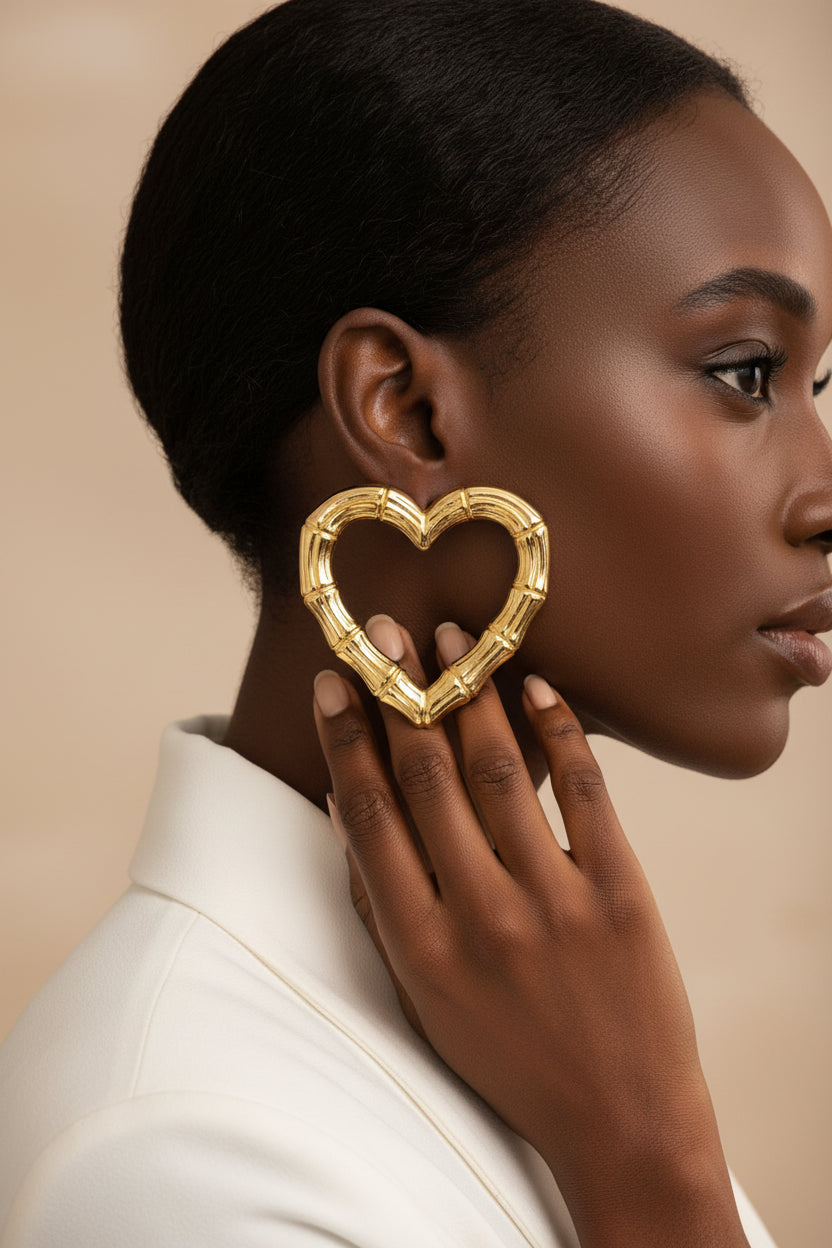 Chunky Large Textured Heart Earrings: Color Gold
