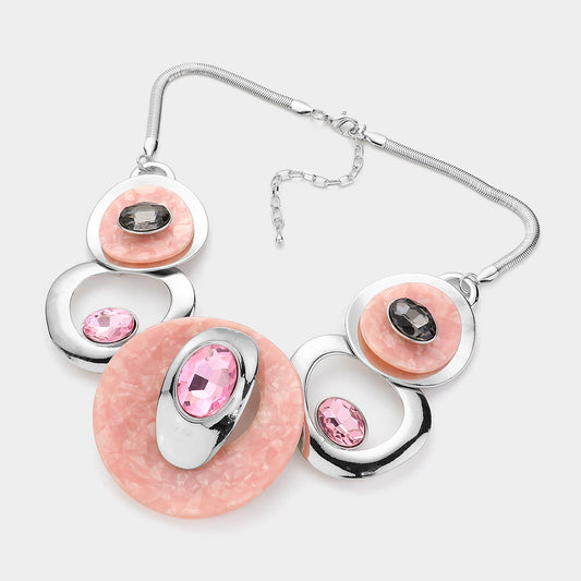 Celluloid Acetate Glass Stone Metal Statement Necklace-Pink & Silver