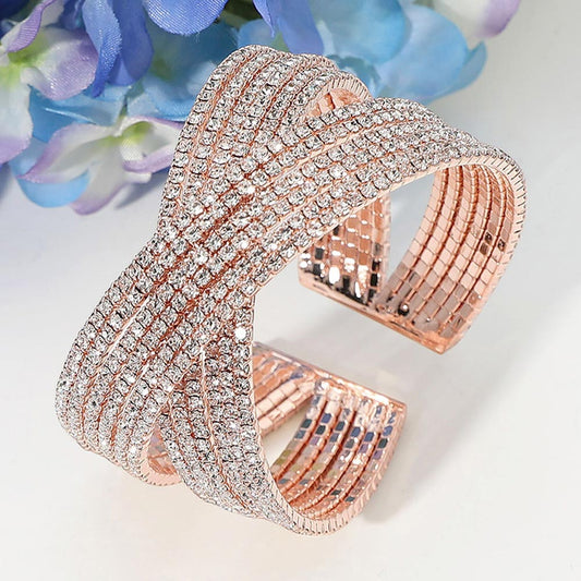 CZ Stone Paved Crisscross Evening Cuff Bracelet-Clear Rose Gold