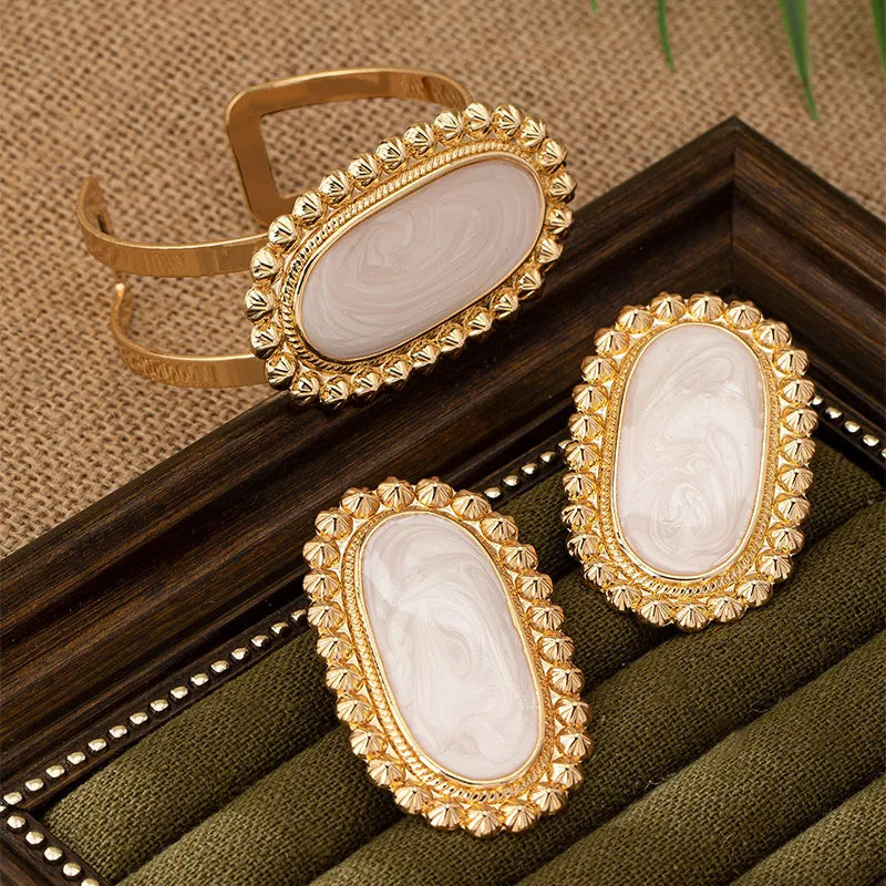Oval Enamel Earrings and  Bracelet Set: Maroon